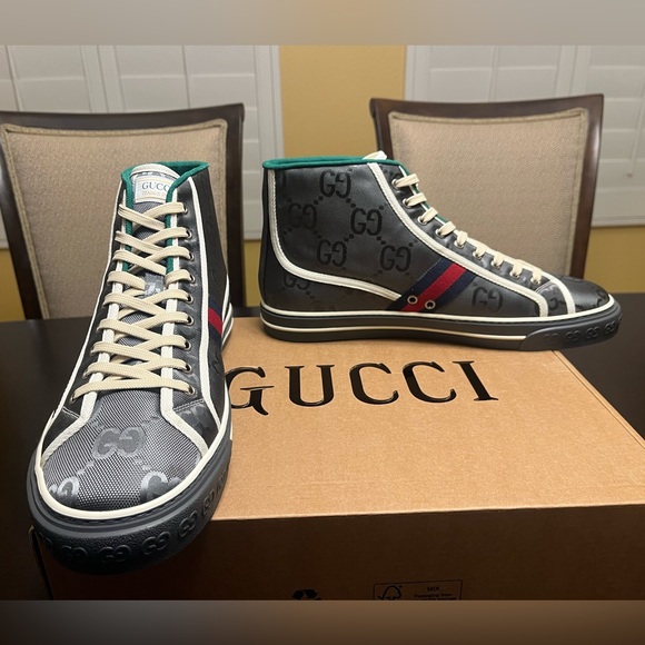 New Gucci Tennis 1977 GG Supreme Logo Gray High Sneaker Shoes UK 13 / US 13.5 - Picture 5 of 16